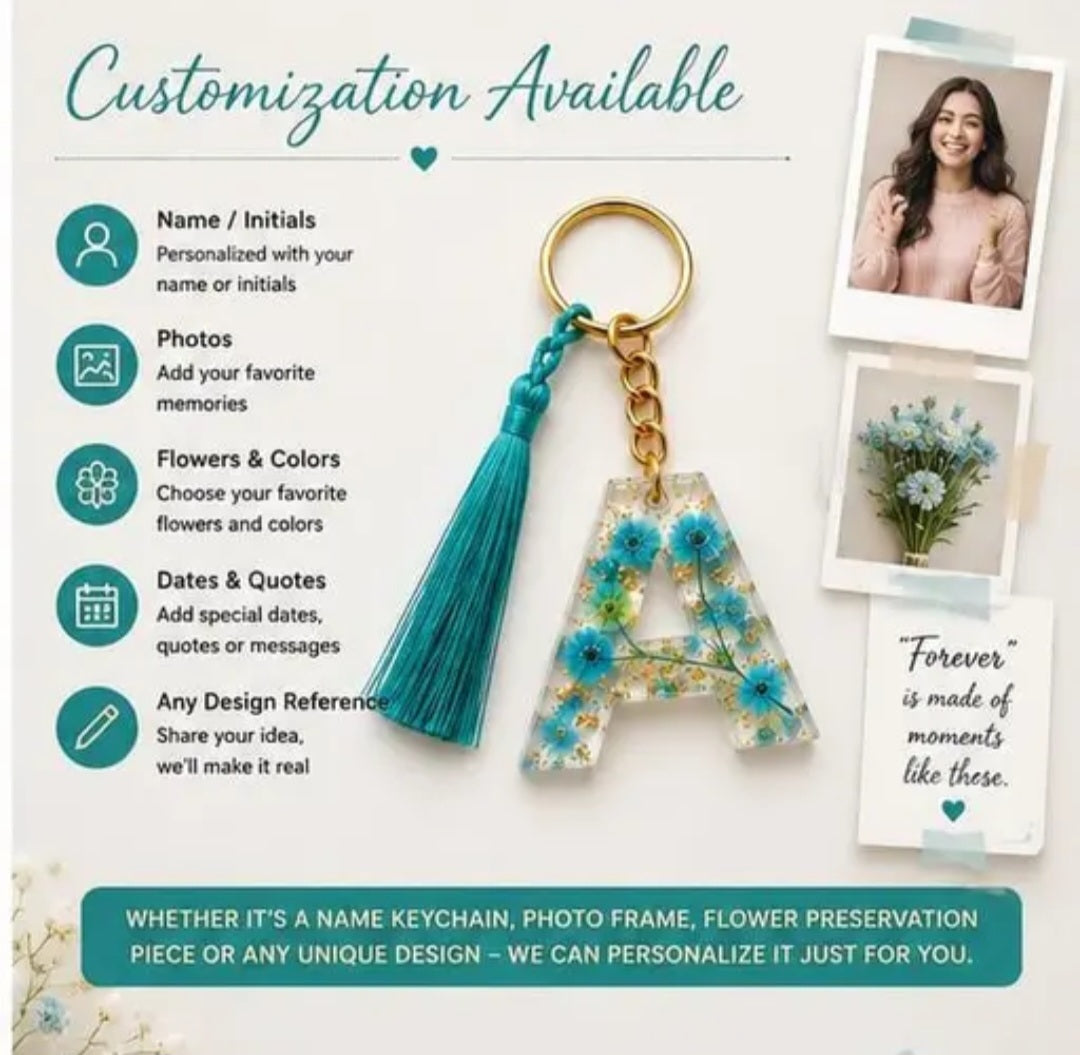 Premium Resin Letter A Keychain with Blue Flowers & Tassel