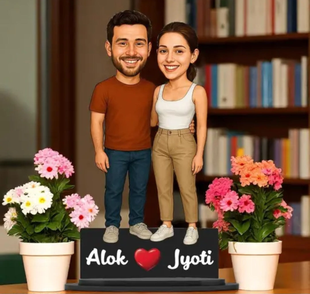 6 INCH Personalized Couple Caricature Custom Table with Stand Formal or Casual Outfit Styles Double Wood for Durability