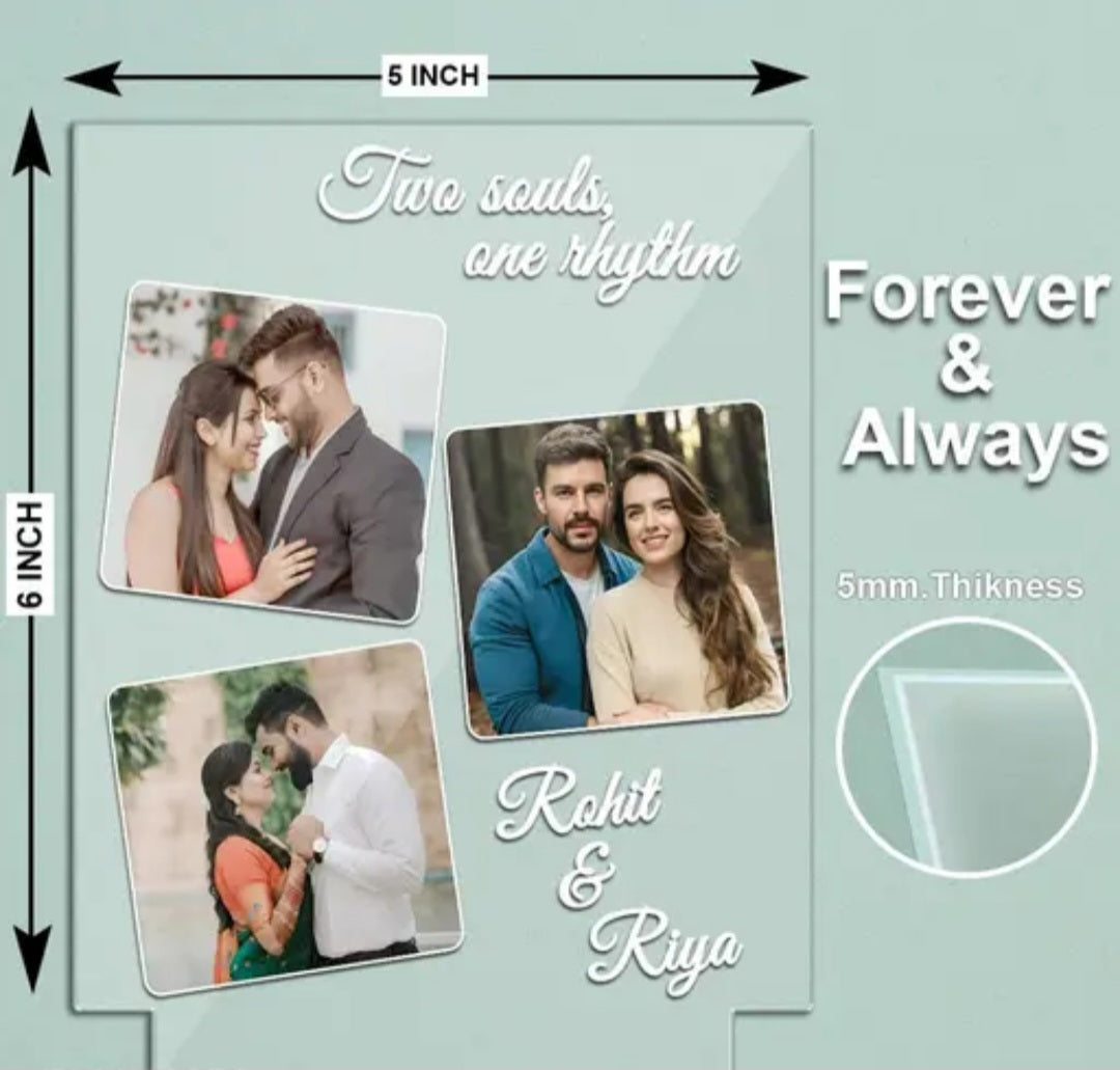 Custom Acrylic 3 Photo Frame 6x5 Inch (5mm Thick) | Personalized Picture Frame with LED Wooden Stand